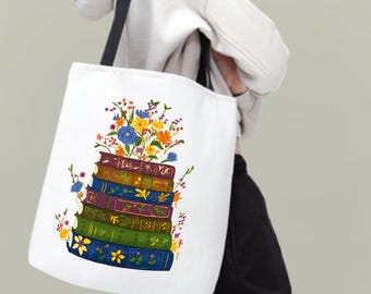 Canvas tote with a floral stack of books illustration